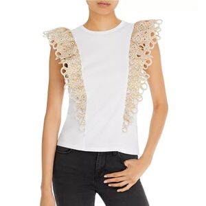 Veronica Beard Jadi Ruffled Tee White Top Ruffle Sleeves Women's Size L Pullover